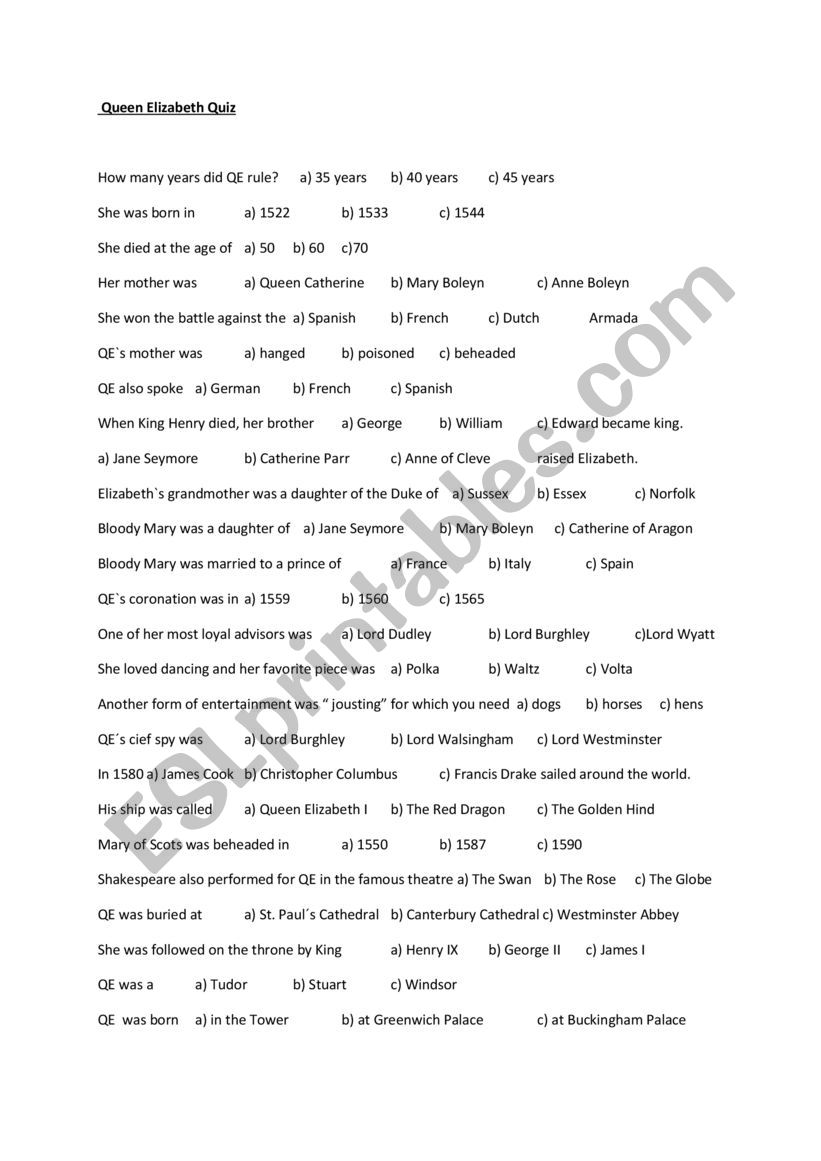 Queen Elizabeth I Quiz worksheet