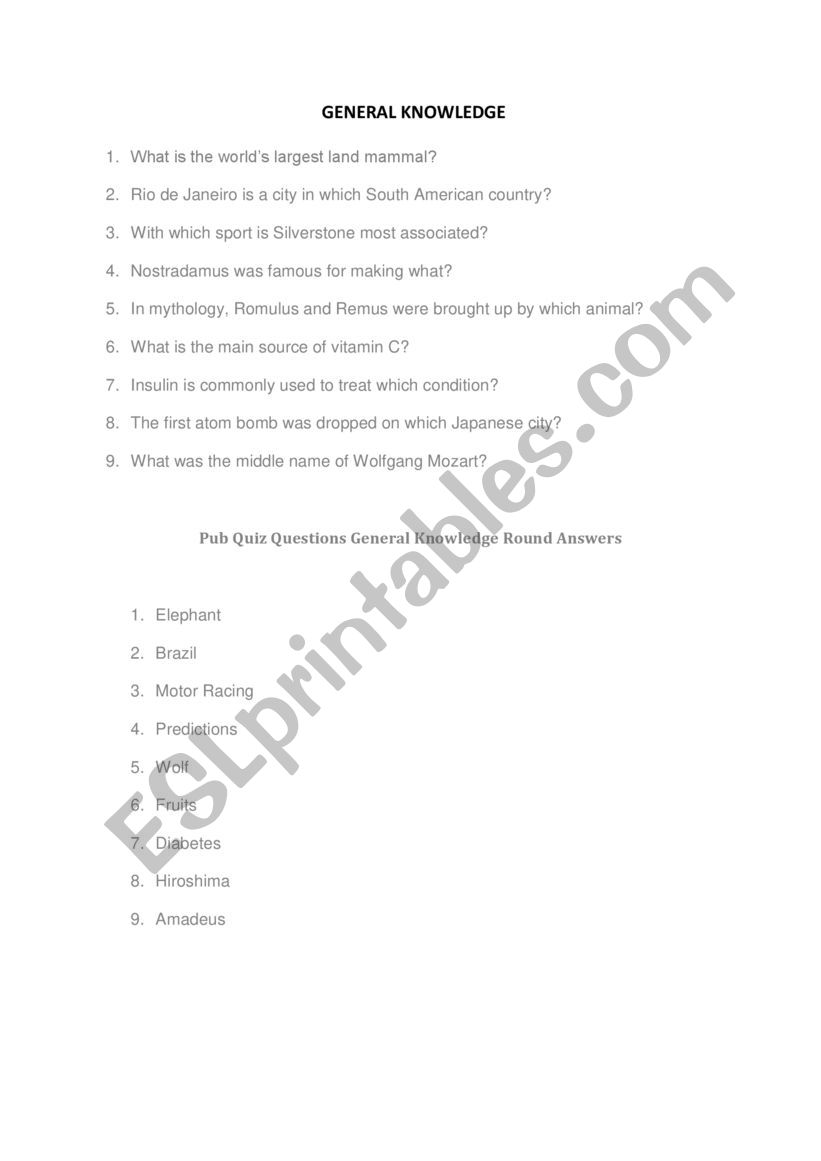 General Knowledge Quiz worksheet