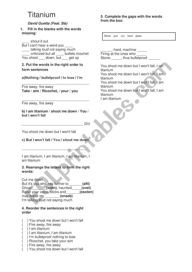 Titanium Lyrics Worksheet worksheet