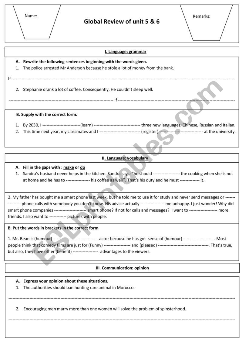 Review unit 5 and 6 2nd BAC 2 worksheet