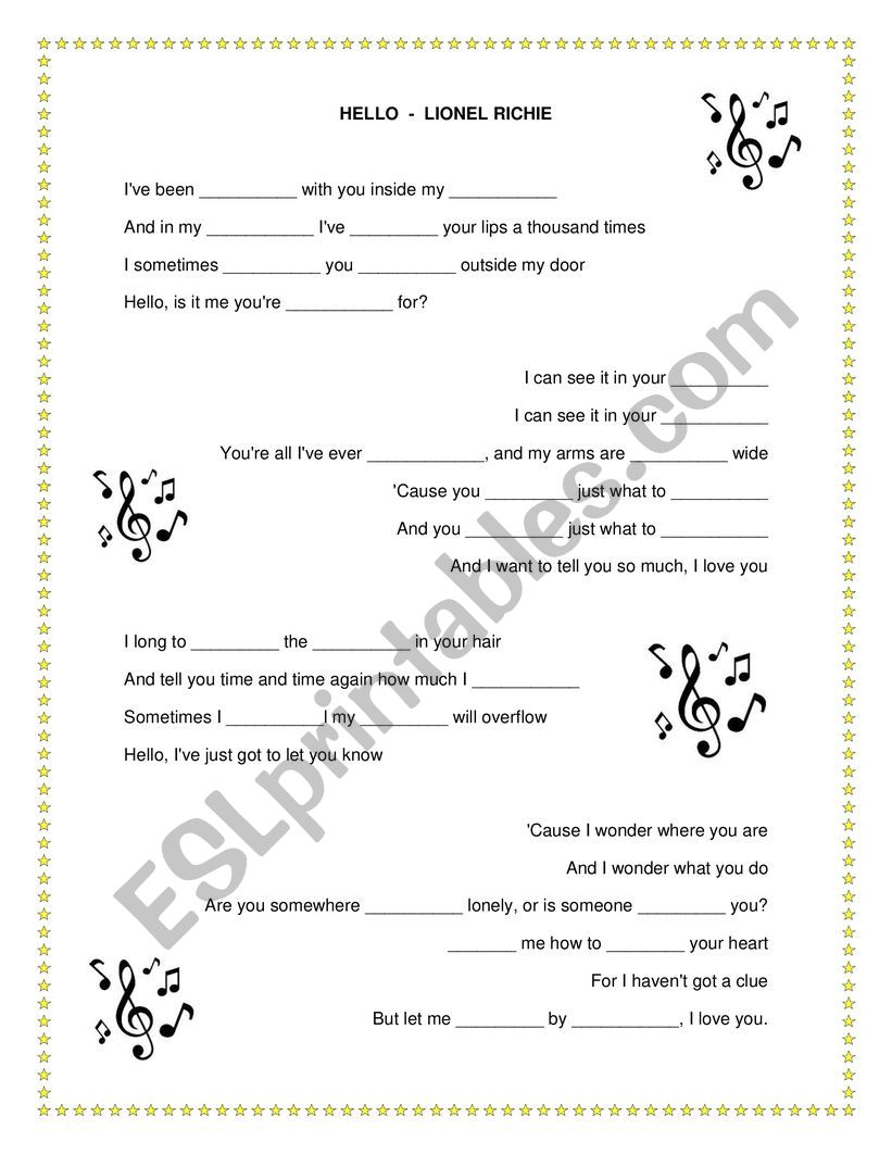 HELLO - LIONEL RICHIE worksheet