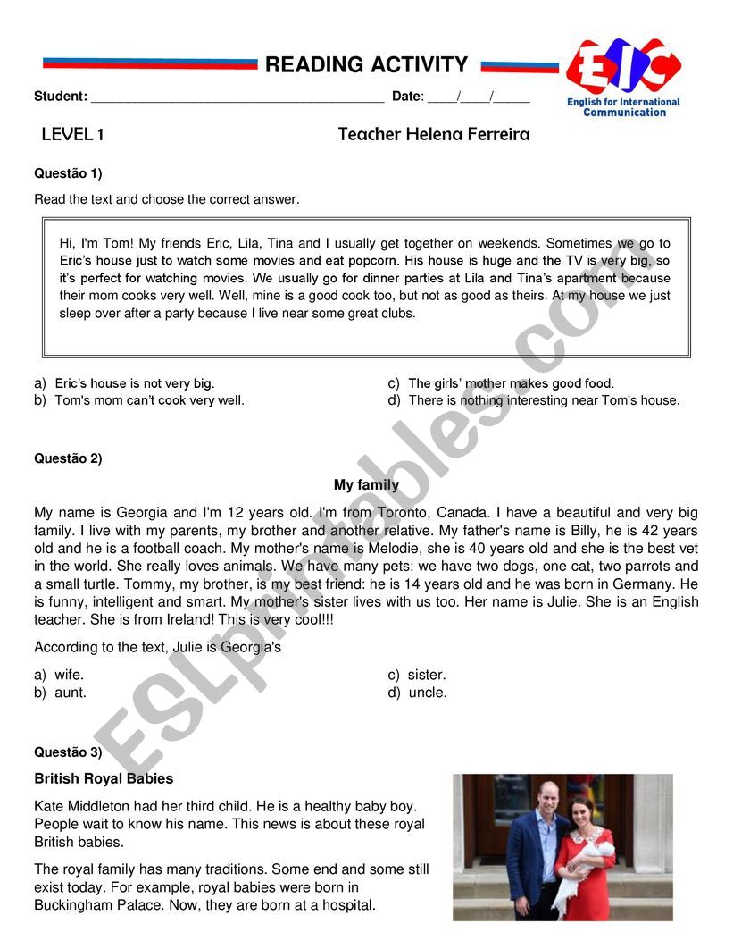 reading activity worksheet