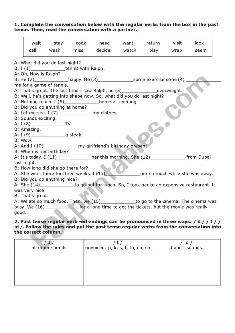 regular verbs sounds worksheet