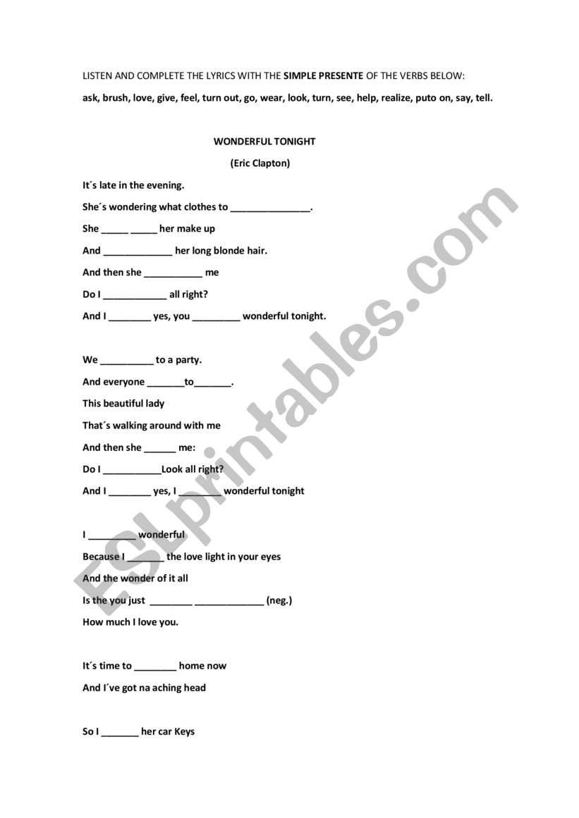 wonderful tonight worksheet