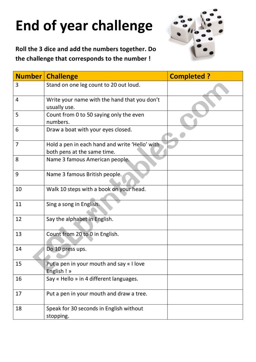 End of year game worksheet
