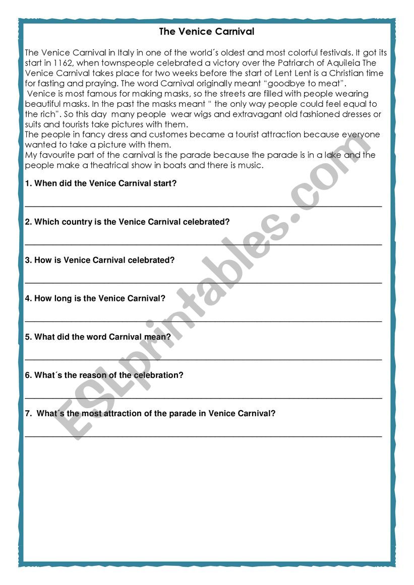 Venice Carnival worksheet