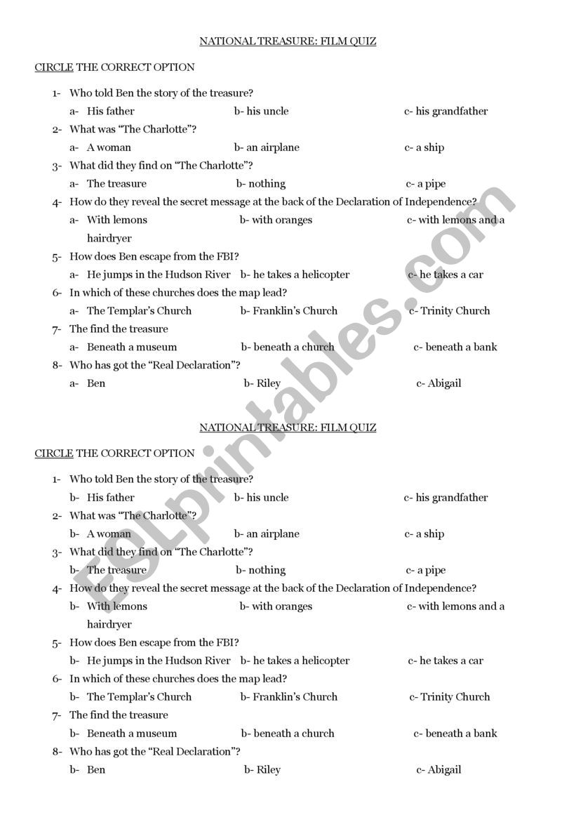 film national treasure worksheet