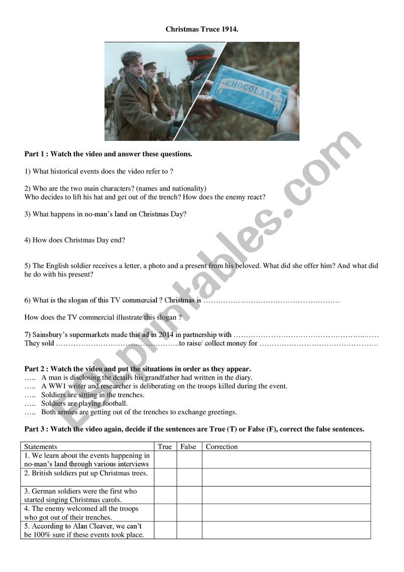 Christmas truce 1914 worksheet