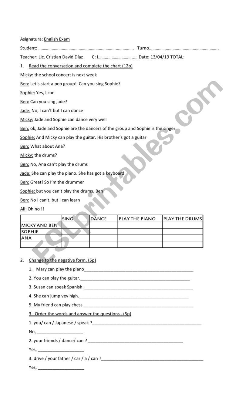 english exam worksheet