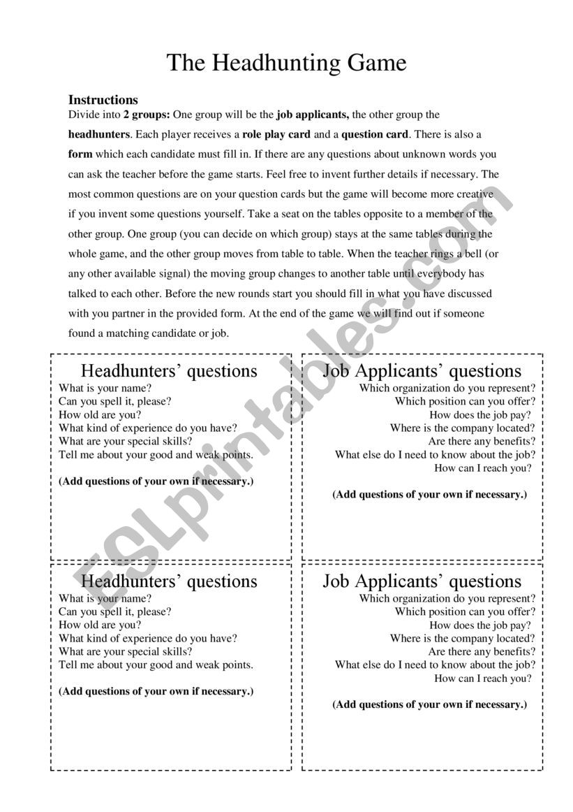 The Headhunting Game worksheet