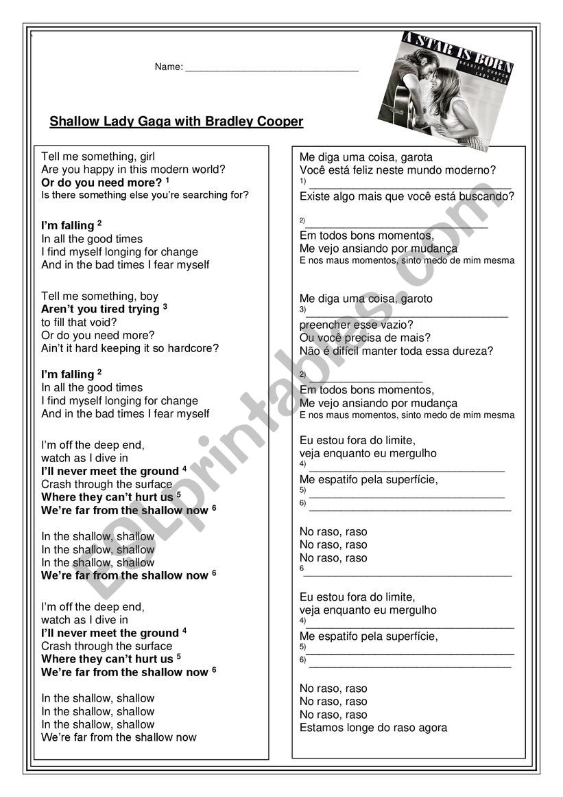 Song Shallow - Lady Gaga  worksheet