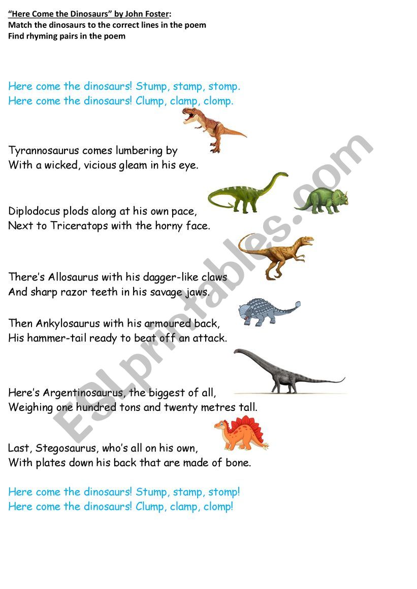 Dinosaurs poem -reading worksheet