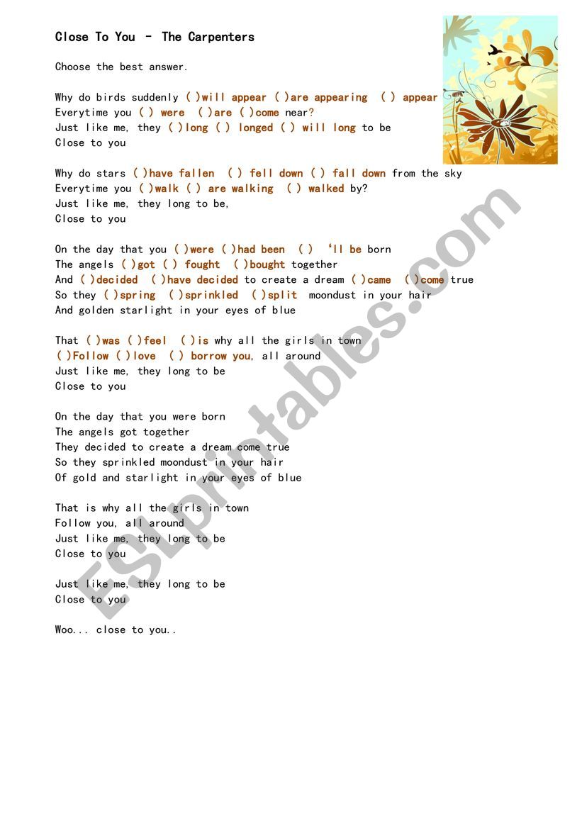 Close to You - the Carpenters worksheet