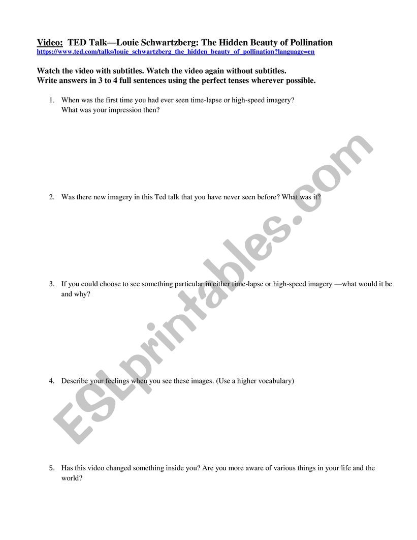 TED Talk and work sheet. Watching and writing using various tenses, *perfect tenses.