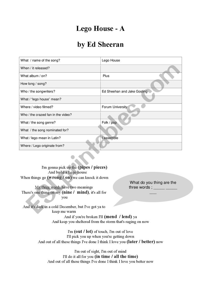 Lego House by Ed Sheeran worksheet