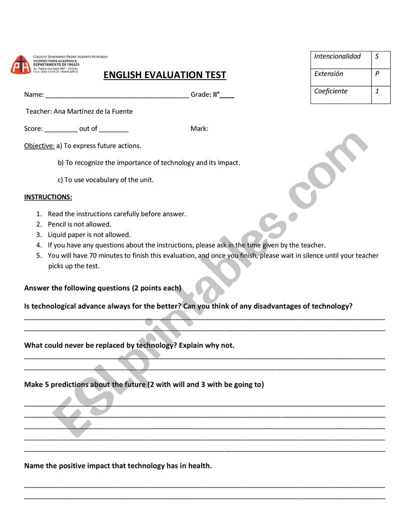technology test  worksheet