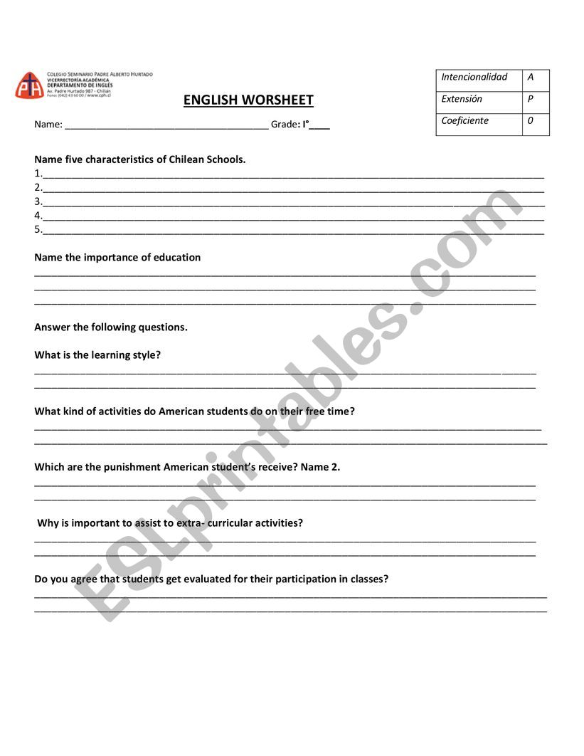 schools  worksheet