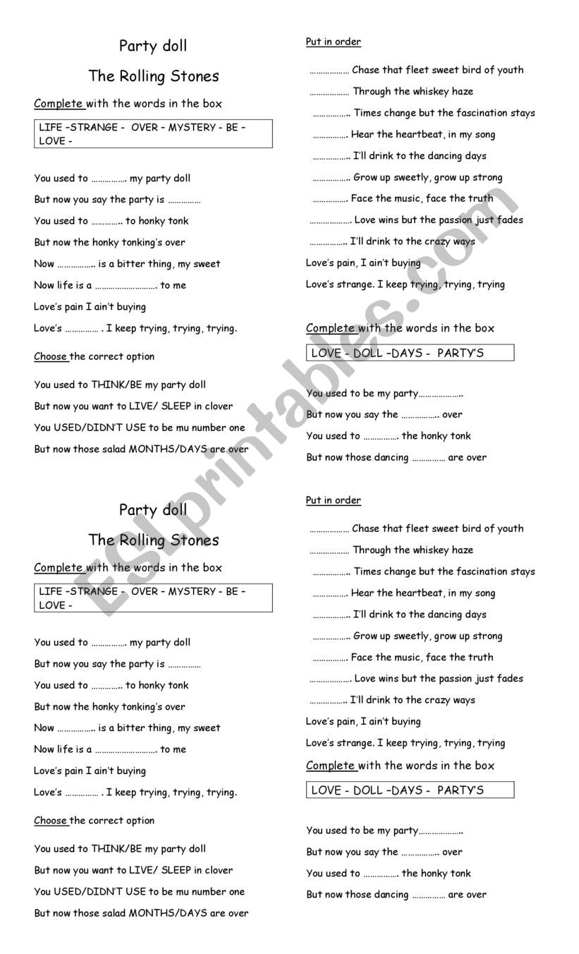Party doll the Rolling Stones worksheet