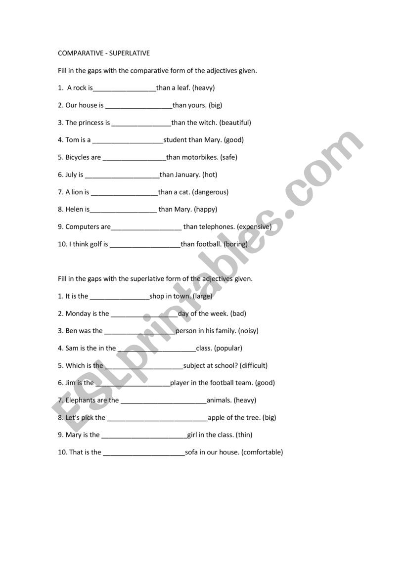 Comparative Exercise worksheet