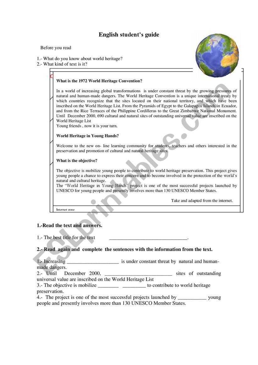 wolrd heritage worksheet