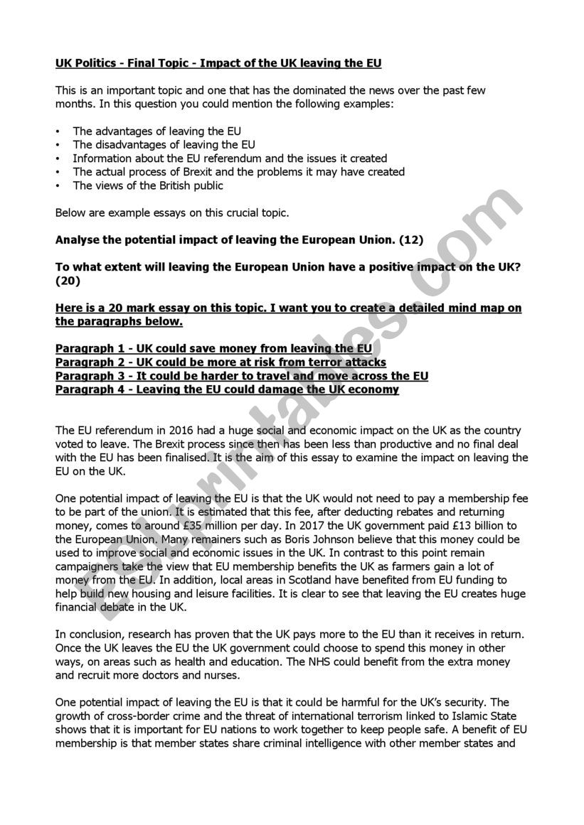 Impact of EU on UK worksheet