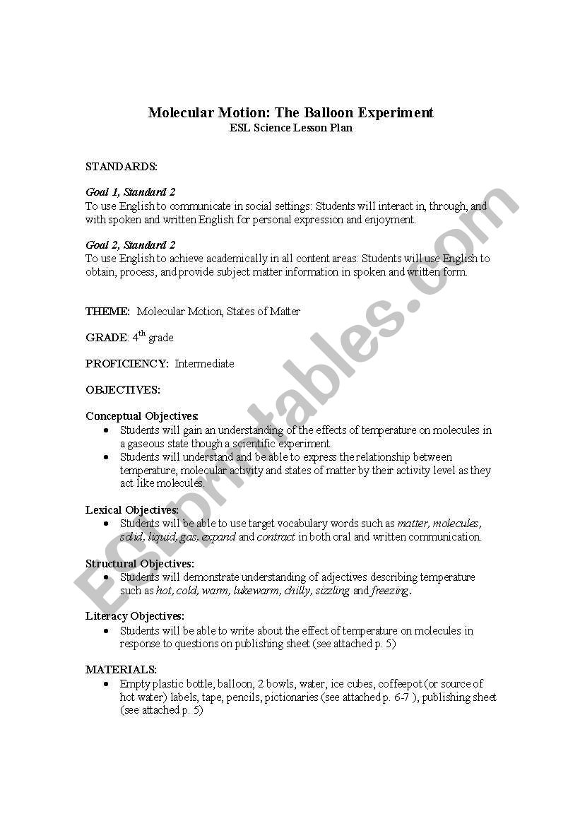 Molecular Motion Lesson Plan worksheet