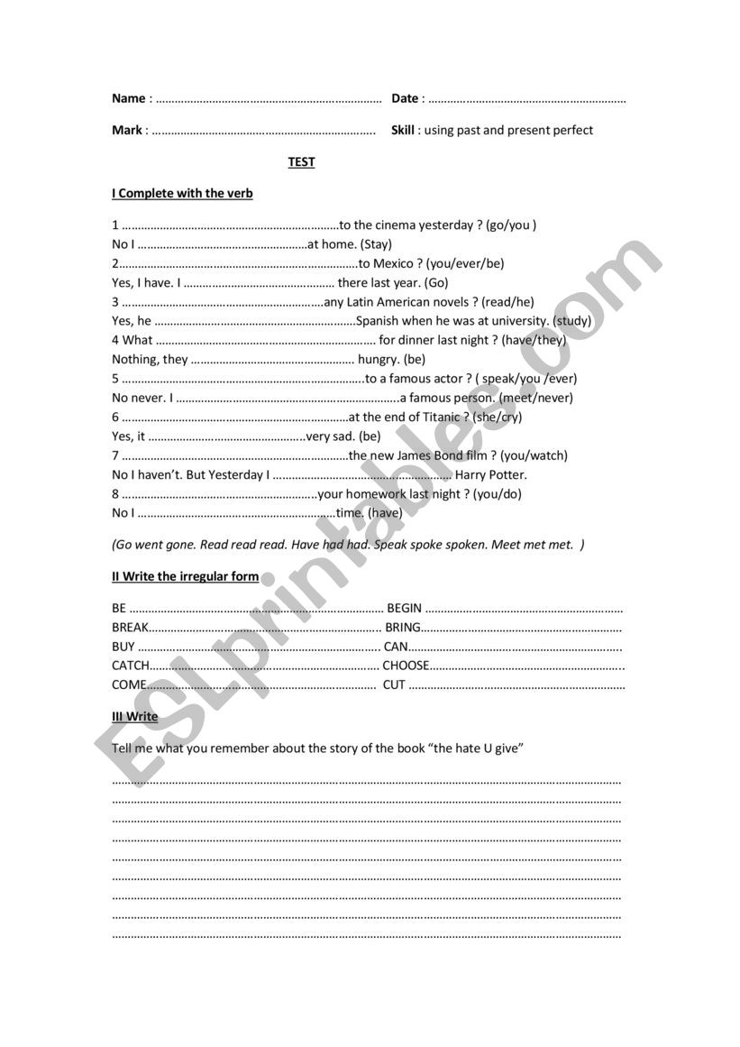 test present perfect worksheet