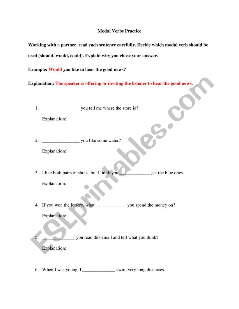 Modals Practice (Should, Would, Could)