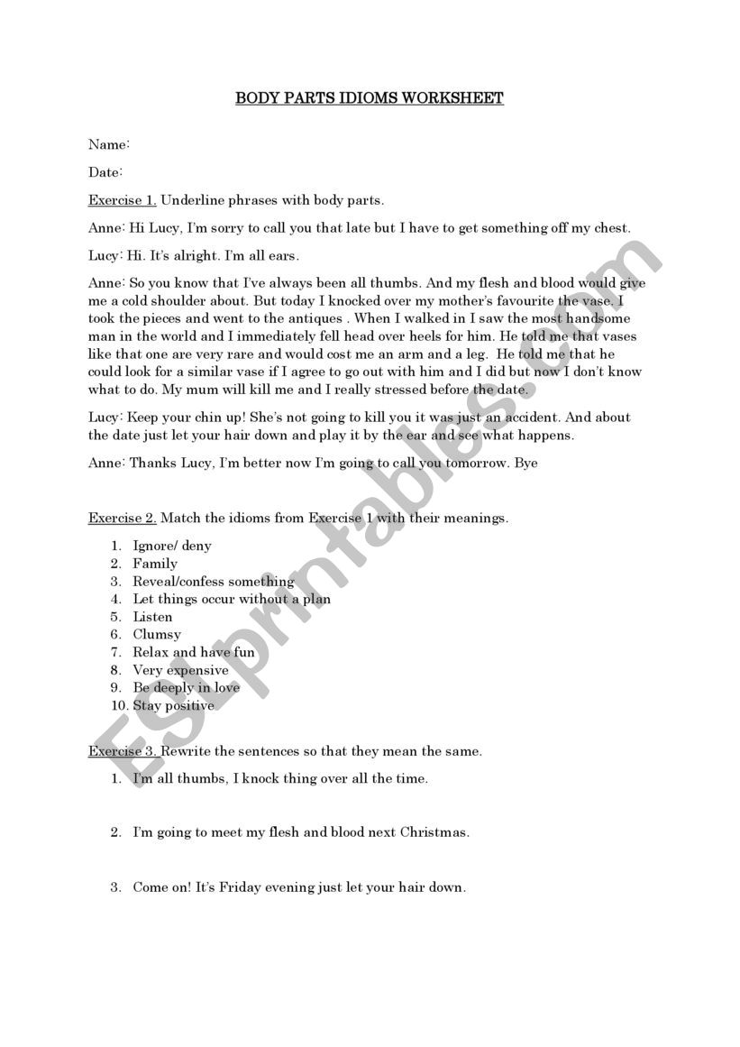 body parts idioms- context worksheet