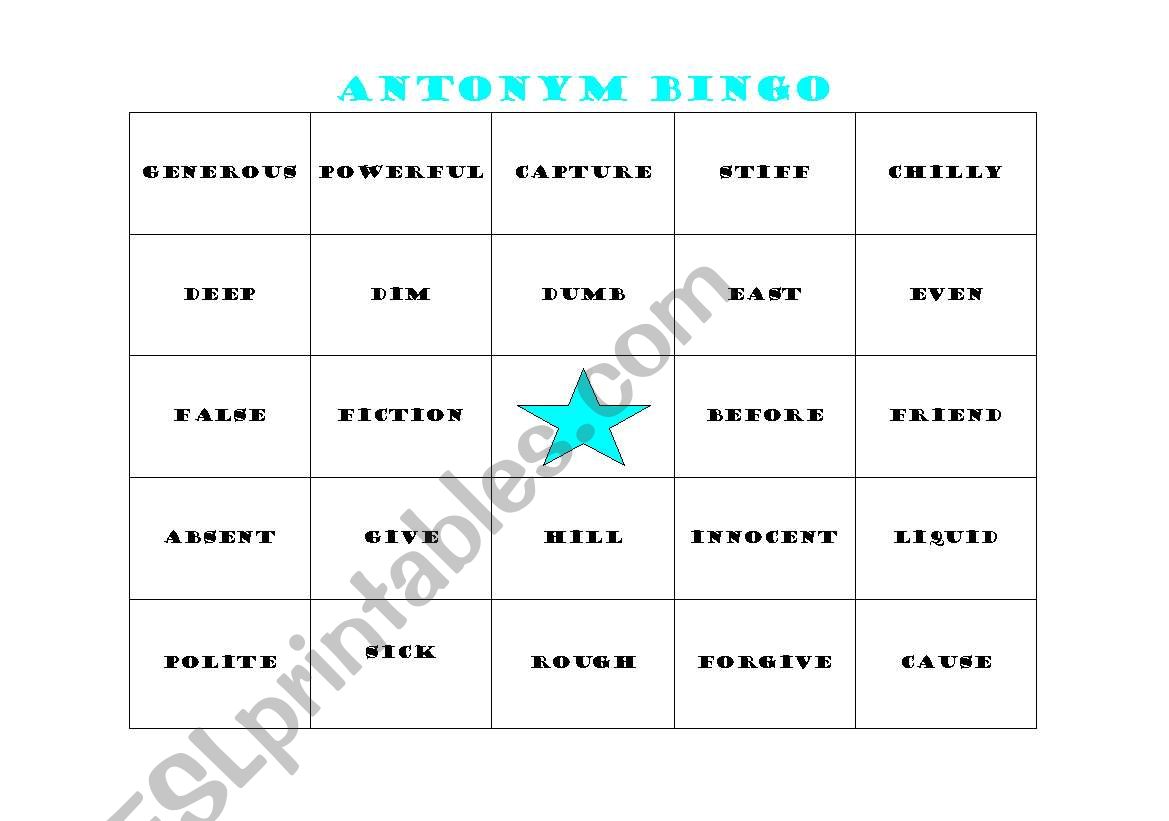 Antonym Bingo Card 1 worksheet