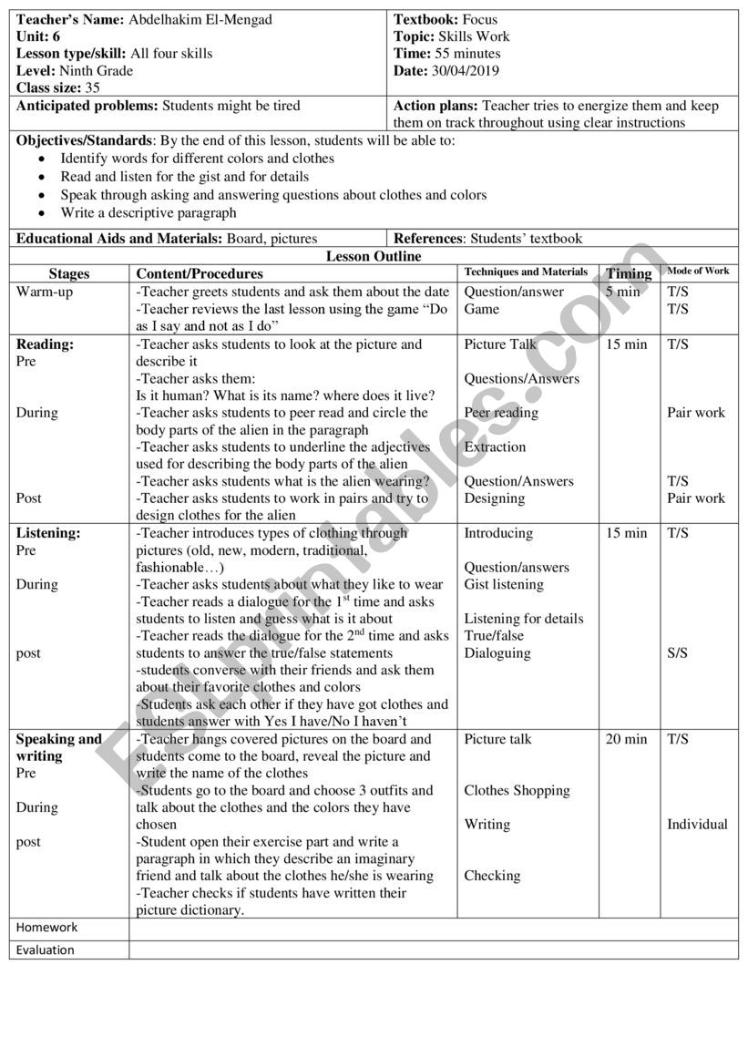 common core lesson plan worksheet