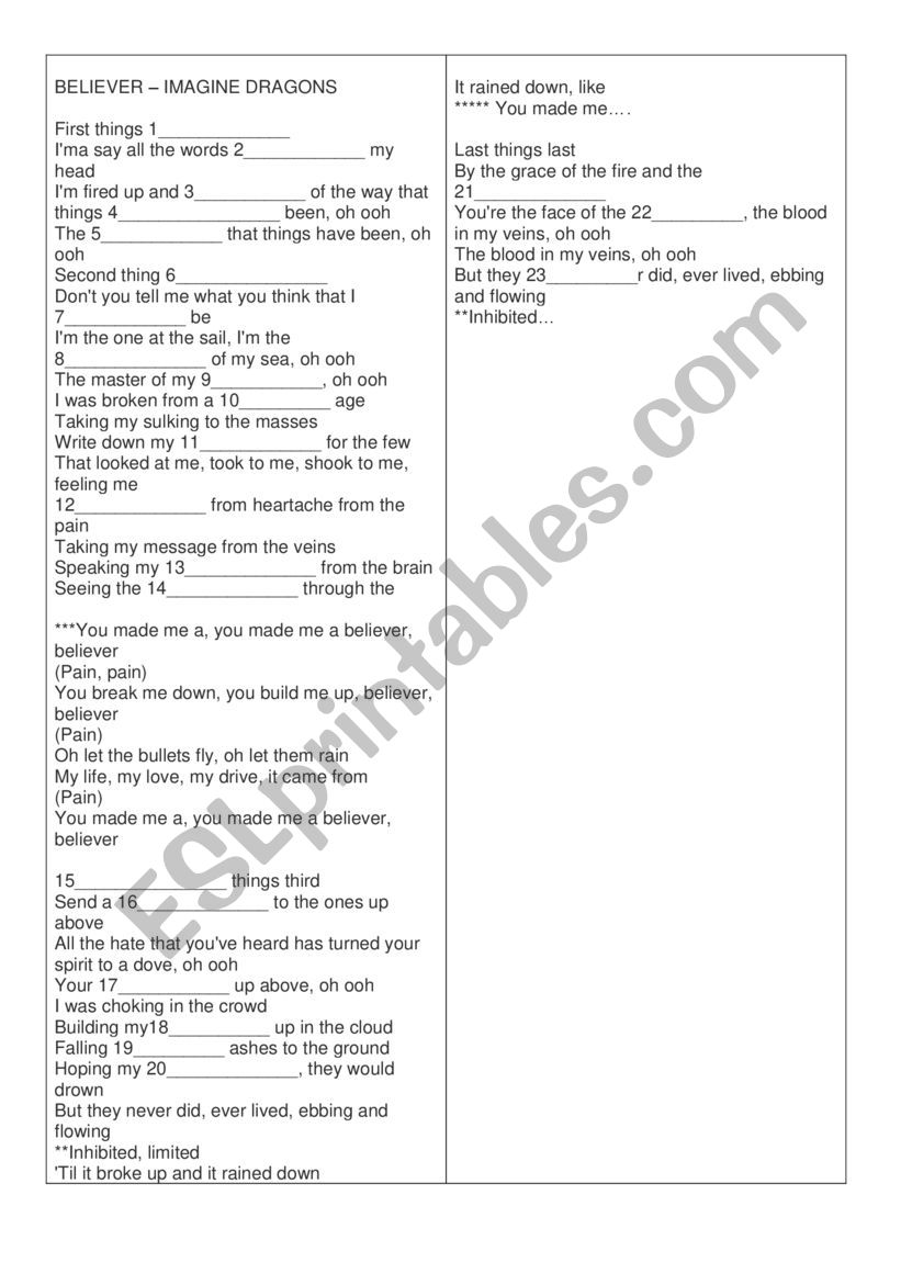 believer music worksheet