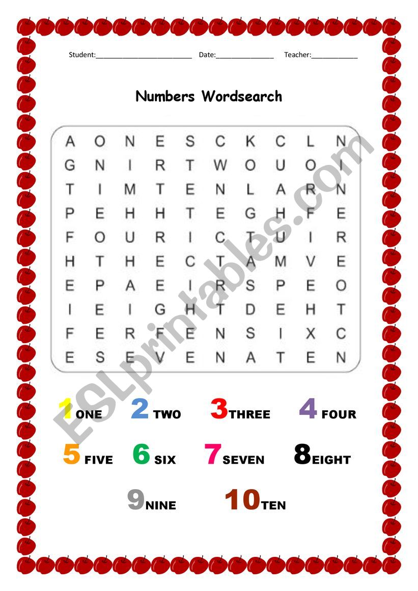 Numbers 1-10 Wordsearch worksheet