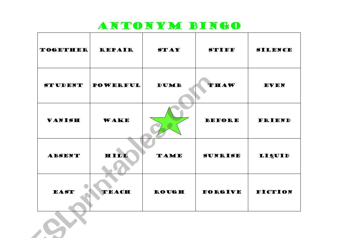 Antonym Bingo Card 2 worksheet