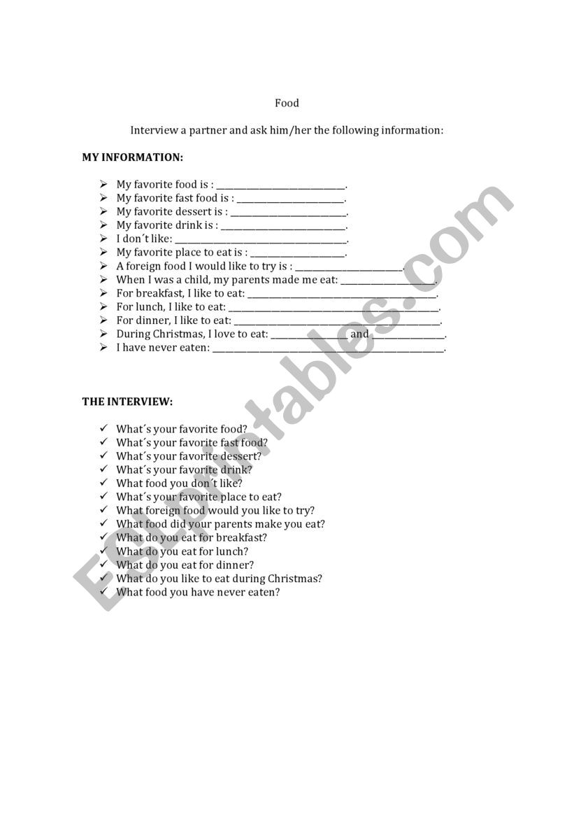 food interview worksheet