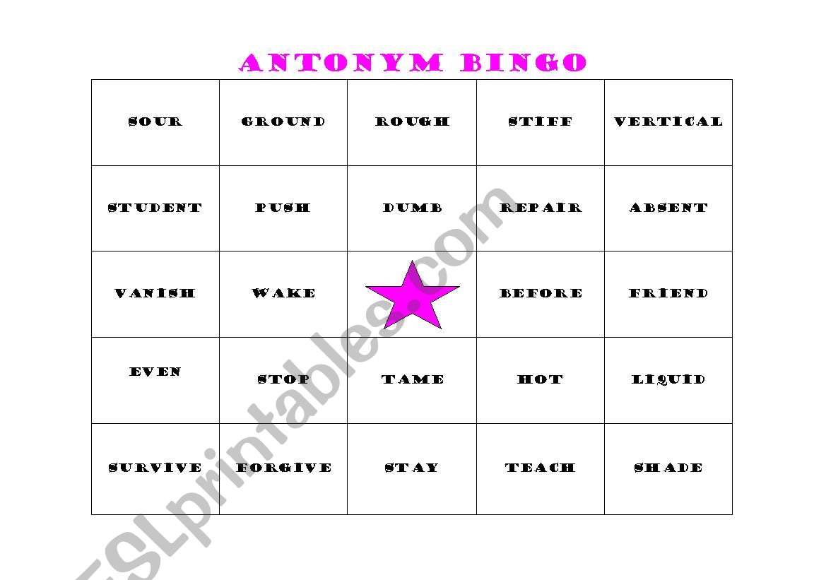 Antonym Bingo Card 3 worksheet