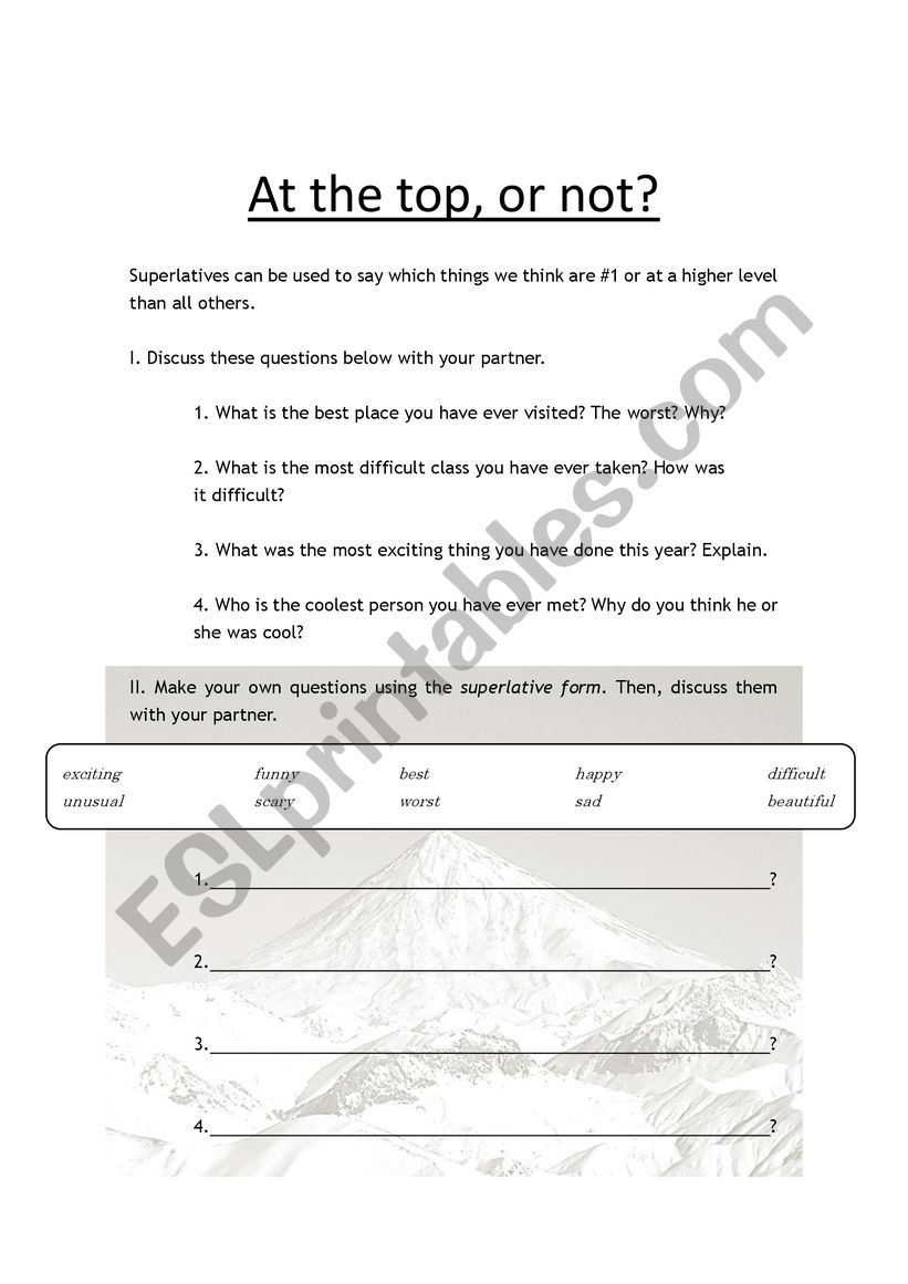 At the top, or not? worksheet