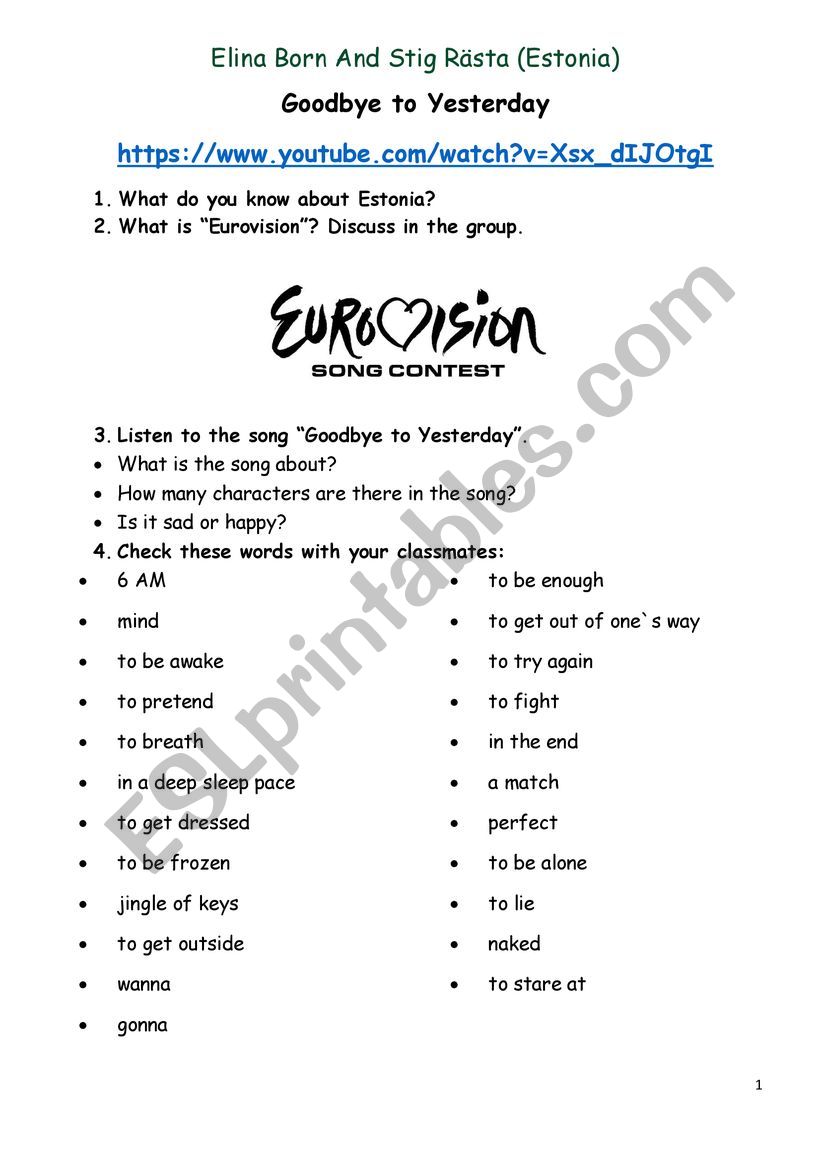 Goodbye to Yesterday_Lyric worksheet