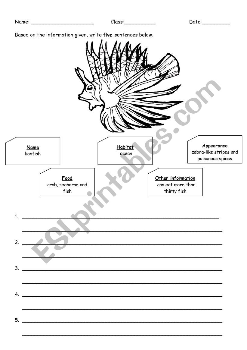 Characteristics of a lionfish worksheet
