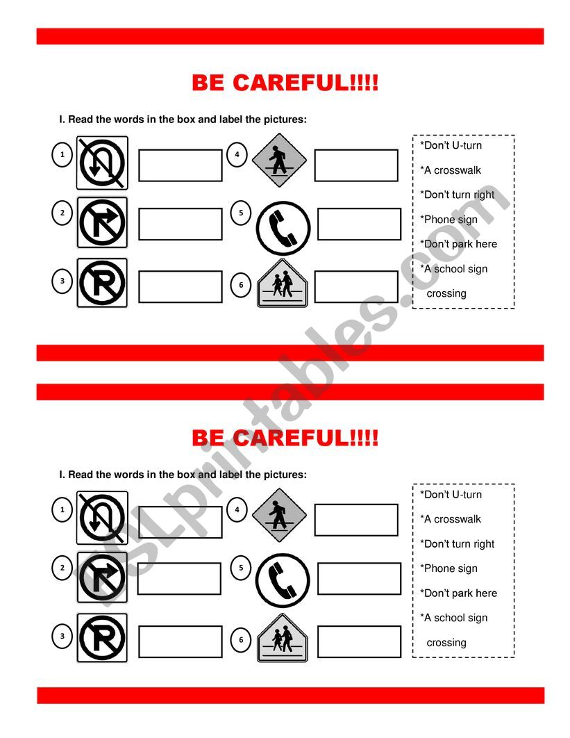 BE CAREFUL - STREET SIGNS worksheet