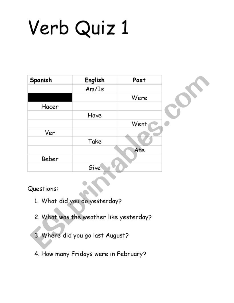 Irregular Past Verb Quiz (Spanish) 1