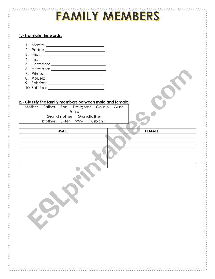 Family Members worksheet