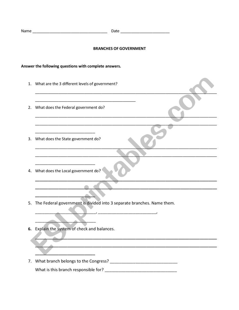 BRANCHES OF GOVERNMENT QUESTIONS