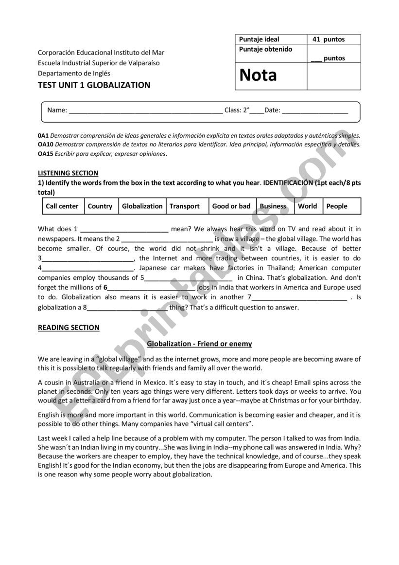 Globalization TEST worksheet