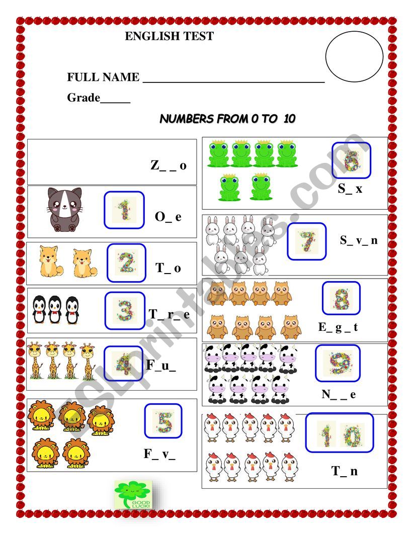 FIRST GRADE TEST NUMBERS worksheet