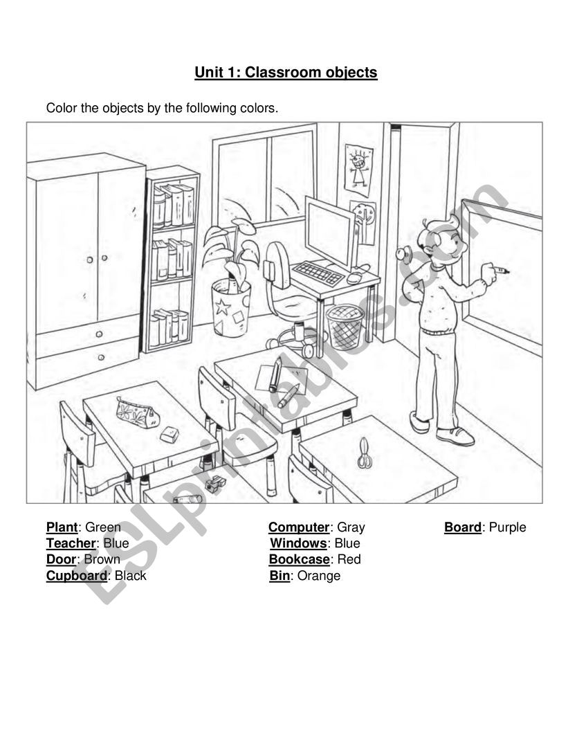 Classroom objects and colors worksheet