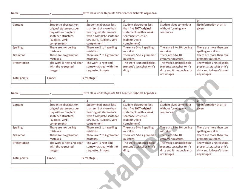 work rubric worksheet