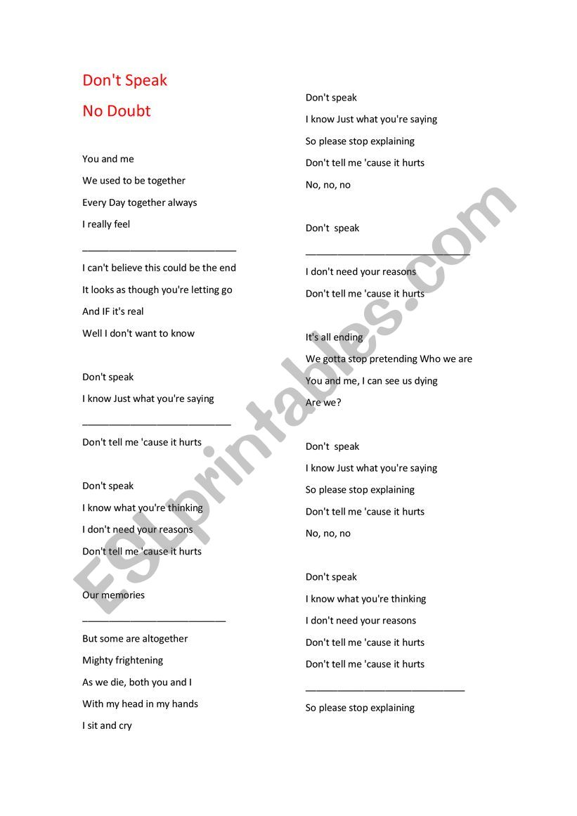 DONT SPEAK SONG-  worksheet