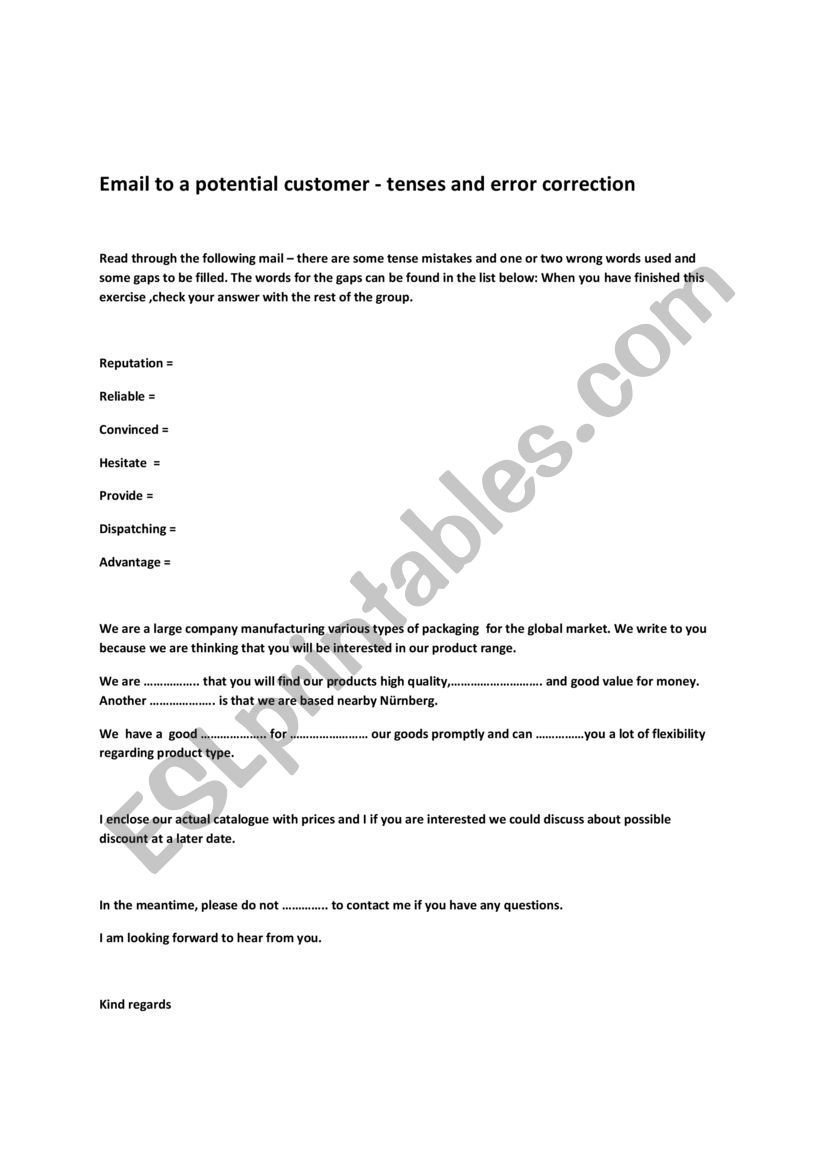 Business email exercise - vocab, tenses  and error correction