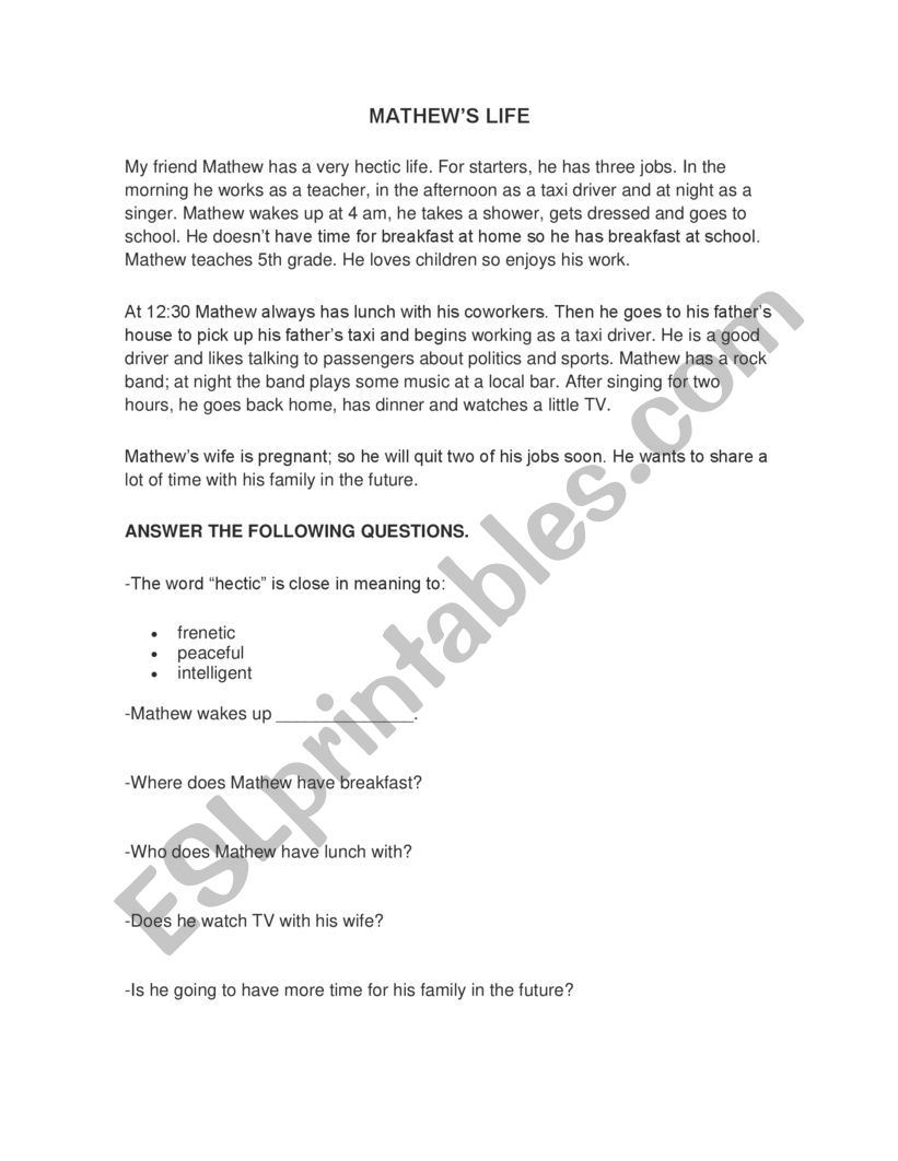 Reading comprehension worksheet